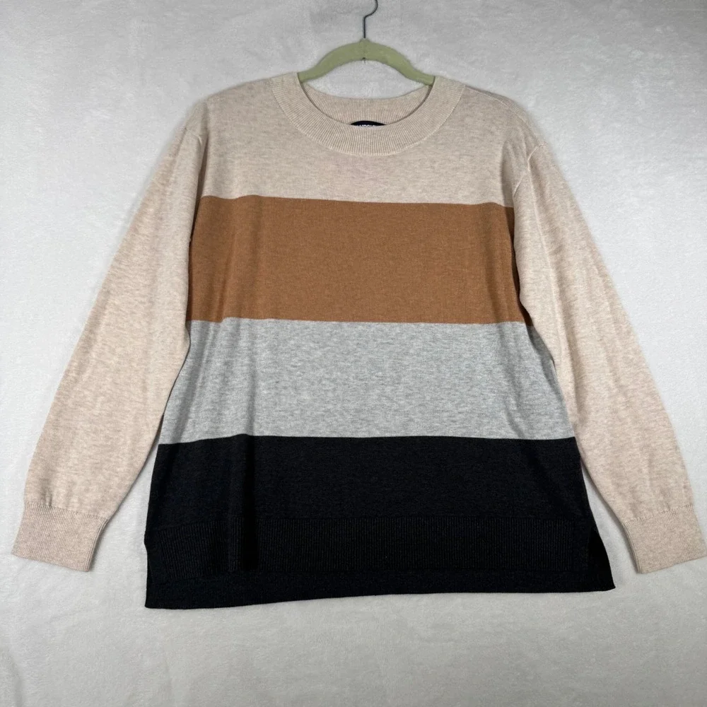 Lands' End Sweater Women S Small Beige Colorblock Cotton Knit Crewneck Excellent